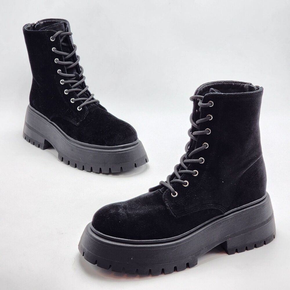 Aqua Sarge Velvet Chunky Platform Combat Boots Black Size 9